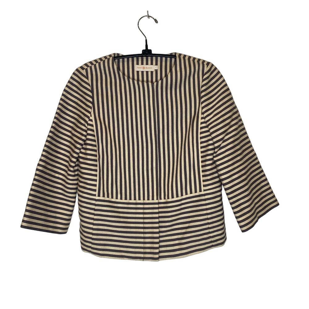 Tory Burch Rene Gray Cream Striped Zipper Jacket 3/4 Sleeves EUC Sz 0